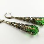 Green Earrings Victorian Style Steampunk Earrings Antiqued Brass