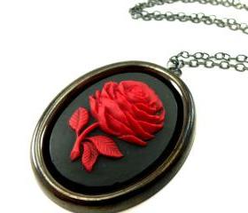 Large Rose Cameo Necklace Victorian Jewelry Red Rose Pendant Dark Silver Gothic Necklace Black Rose