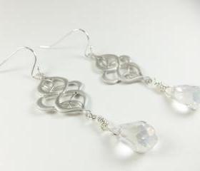 Long Dangle Earrings Sterling Silver Filigree Clear Crystal Drop Earrings