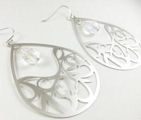 Clear Crystal Jewelry Teardrop Earrings Silver Dangle Earrings Teardrop Filigree