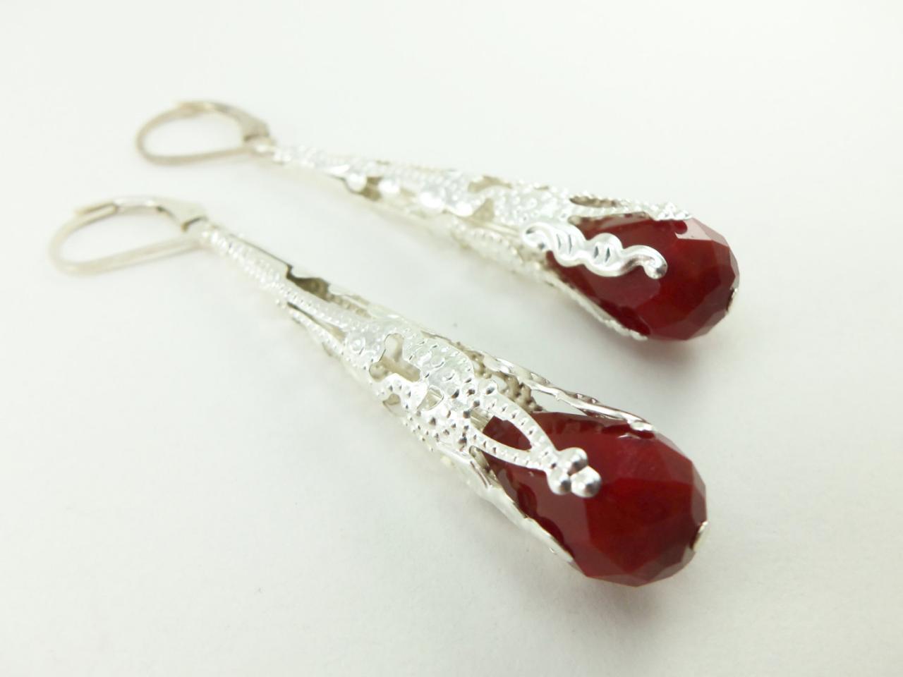 Red Wedding Earrings Silver Filigree Leverback Sterling Silver Earrings