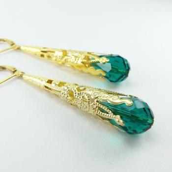 Gold Emerald Earrings Leverback Dangle Earrings Victorian Jewelry Filigree Earrings Long Dangle