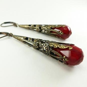 Vampire Earrings Blood Red Dangle Earrings Victorian Jewelry Antiqued Brass Filigree