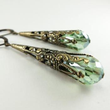 Peridot Green Earrings Long Dangle Earrings Brass Jewelry August Birthstone
