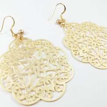 Gold Filigree Earrings Boho Chic Large Statement Jewelry Bold Metal