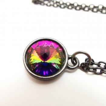 Rainbow Necklace Dark Rainbow Jewelry Crystal Dark Silver Gunmetal Rivoli
