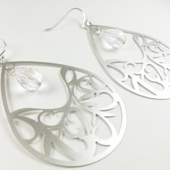 Clear Crystal Jewelry Teardrop Earrings Silver Dangle Earrings Teardrop Filigree